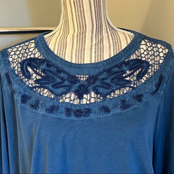 Soft Surroundings Womens Blue Puff Sleeve Boho Peasant Embroidered Blouse L - Picture 5 of 13